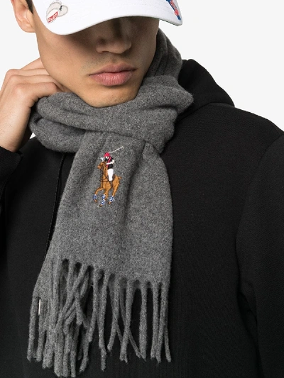 Shop Polo Ralph Lauren Grey Embroidered Logo Wool Scarf