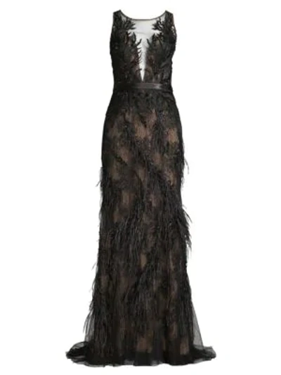 Shop Basix Black Label Women's Lace & Feather Trim Column Gown In Black