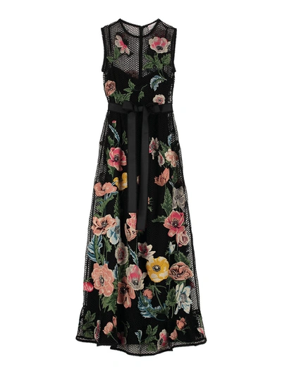 Shop Red Valentino Poppies Embroidered Macrame Long Dress In Black