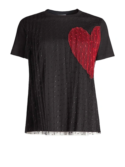 Shop Red Valentino Cotton And Tulle Heart Intarsia T-shirt In Black