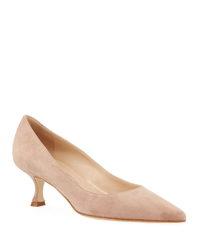 Shop Manolo Blahnik Srila Suede Low-heel Pump In Beige