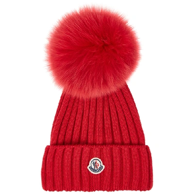 Shop Moncler Red Pompom Wool Beanie