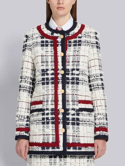 Shop Thom Browne Rwb Oversized Tweed Frame Detailing Cardigan Jacket In White