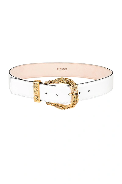 Shop Versace Leather Buckle Belt In White & Gold