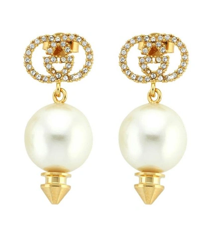 Shop Gucci Gold-tone Crystal Logo Pearl Drop Earrings