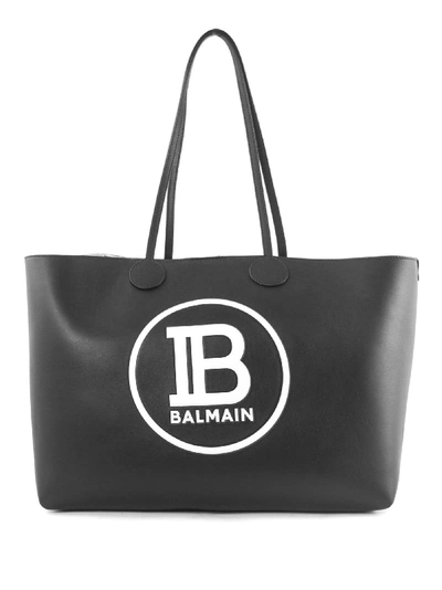 Shop Balmain Black And White Calfskin Tote Bag In Nero