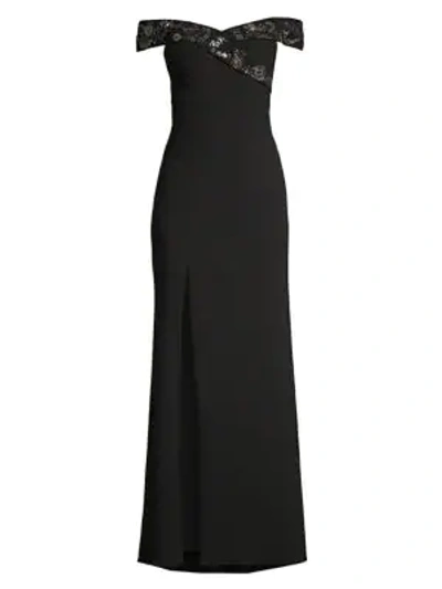 Shop Aidan Mattox Sequin Floral Off-the-shoulder Gown In Black