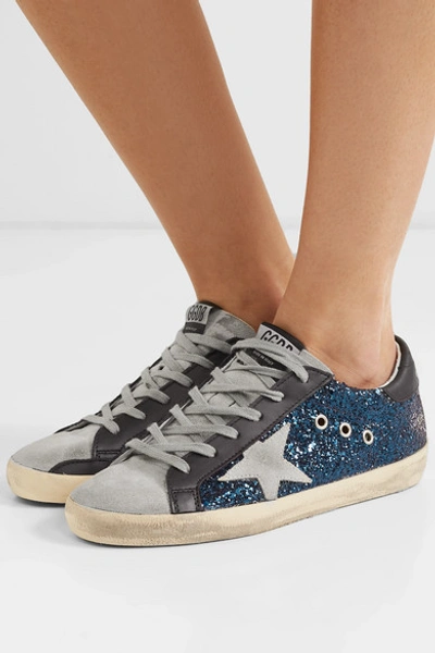 Shop Golden Goose Superstar Distressed Glittered Leather Sneakers In Blue
