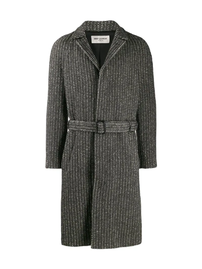 Shop Saint Laurent Belted Wool Overcoat In Black