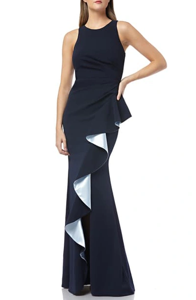 Shop Carmen Marc Valvo Infusion Carmen Marc Valvo Couture Infusion Ruffle Gown In Navy/ Ice Blue