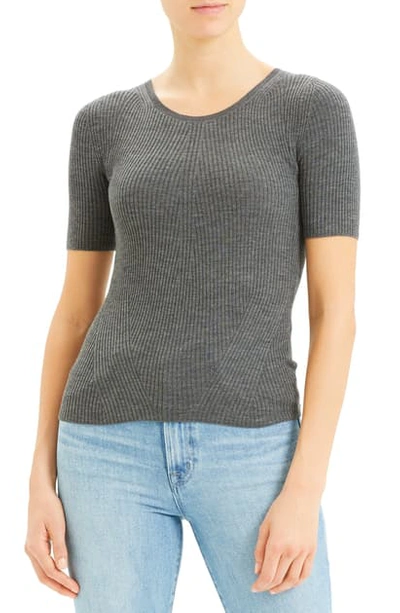 Shop Theory Regal Moving Ribbed Short Sleeve Wool Sweater In Medium Heather Grey