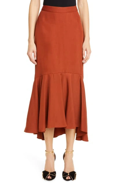 Shop Johanna Ortiz Ruffle Hem Drill Midi Skirt In Redwood