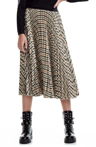 Shop Maje Johnny Check Pleated Midi Skirt In Brown