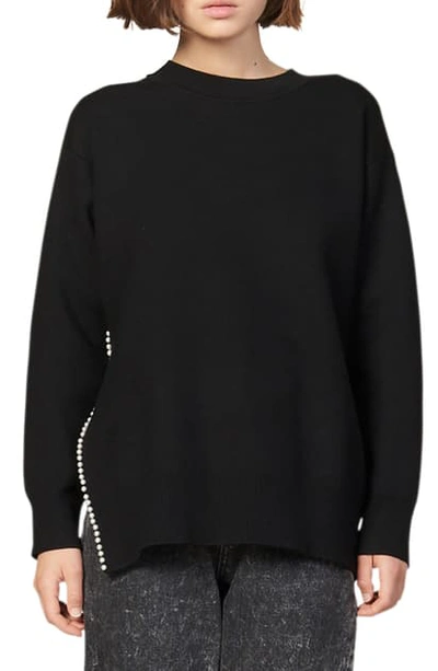 Shop Sandro Imitation Pearl Trim Sweater In Black