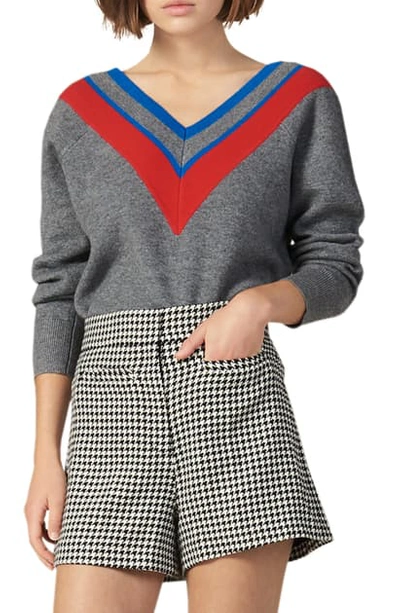 Shop Sandro Stripey Varsity Stripe V-neck Sweater In Grey
