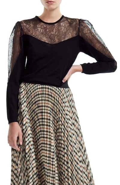 Shop Maje Miniti Sheer Lace Detail Sweater In Black