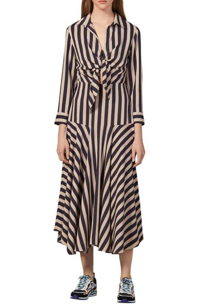 Shop Sandro Vilna Stripe Long Sleeve Midi Dress In Beige / Blue