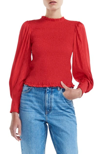 Shop Maje Limine Smocked Long Sleeve Blouse In Red