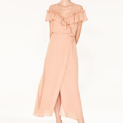Shop Paisie Polka Dot Maxi Wrap Dress With Ruffle Details In Coral & White