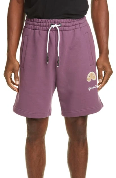 Shop Palm Angels Mini Kill The Bear Boucle Athletic Shorts In Purple/brown