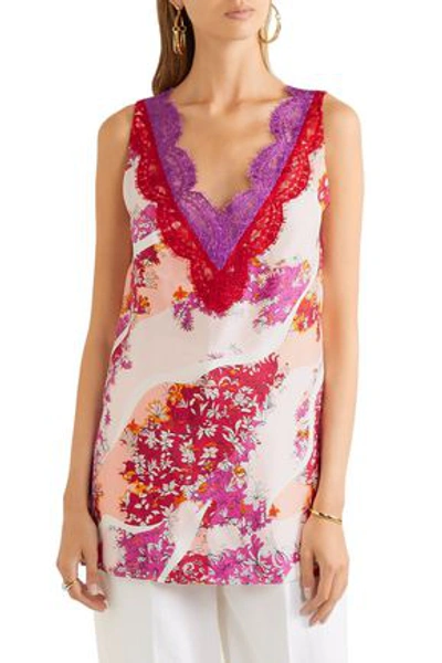 Shop Emilio Pucci Lace-trimmed Floral-print Silk-twill Top In Peach