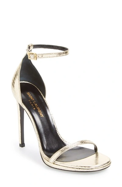 Saint Laurent Classic Jane 105 Ankle Strap Sandal In Pale Gold Lizard Embossed Metallic Leather
