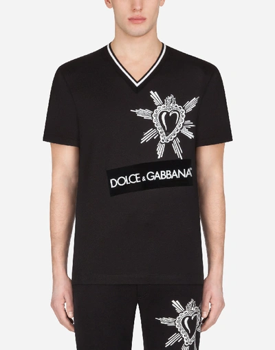 Shop Dolce & Gabbana Cotton V-neck T-shirt With Heart Embroidery In Black