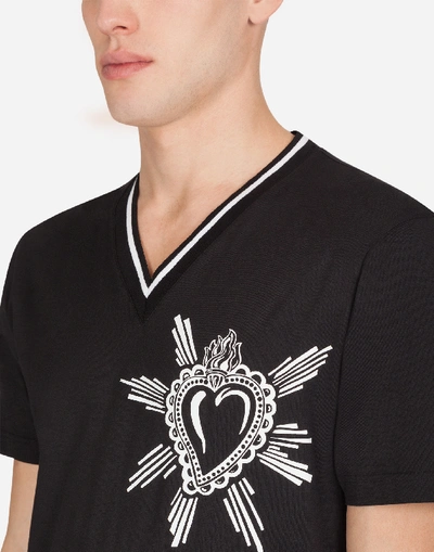 Shop Dolce & Gabbana Cotton V-neck T-shirt With Heart Embroidery In Black