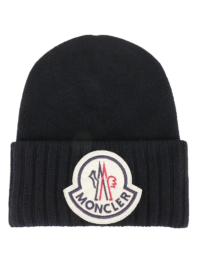 Shop Moncler Ribbed Logo Beanie In Black