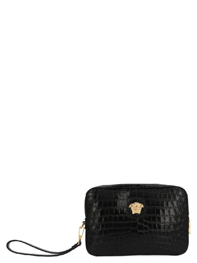 Shop Versace Medusa Croc Effect Clutch Bag In Black