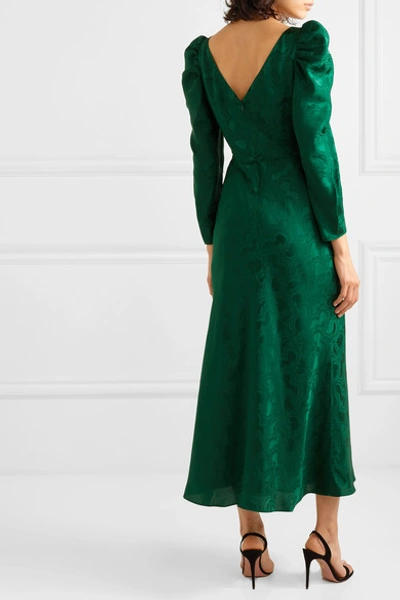 Shop Saloni Alena Ruched Silk-jacquard Midi Dress In Forest Green