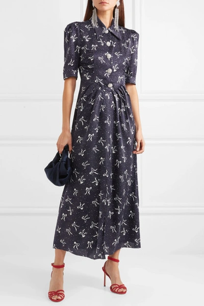 Shop Alessandra Rich Button-embellished Printed Silk-jacquard Maxi Dress In Blue