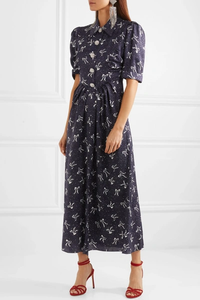 Shop Alessandra Rich Button-embellished Printed Silk-jacquard Maxi Dress In Blue