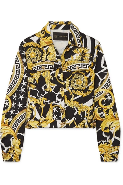 Shop Versace Cropped Printed Denim Jacket In Yellow