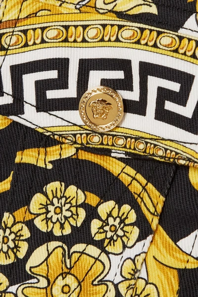 Shop Versace Cropped Printed Denim Jacket In Yellow