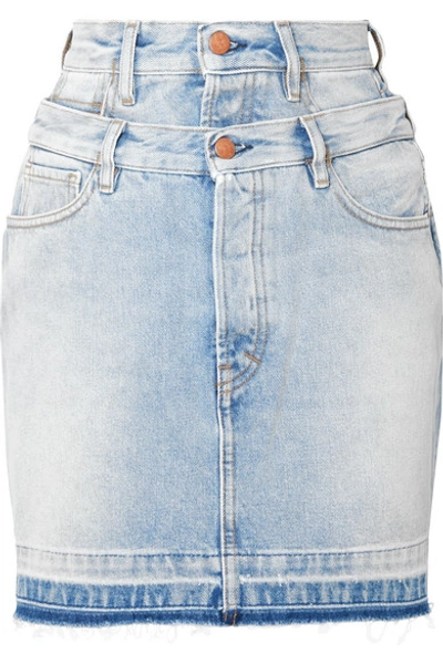 Shop Aries Frayed Layered Denim Mini Skirt In Mid Denim