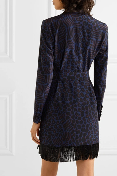 Shop Blazé Milano Vayana Sunshine Belted Fringed Leopard-print Silk-crepe Blazer In Navy