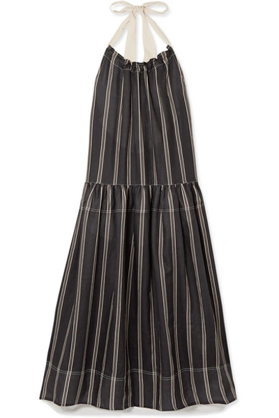 Shop Lee Mathews Granada Striped Ramie Halterneck Maxi Dress In Black