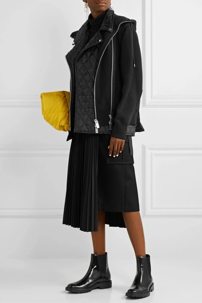 Shop Sacai Hooded Quilted Shell-paneled Cotton-blend Jersey Biker Jacket In Black