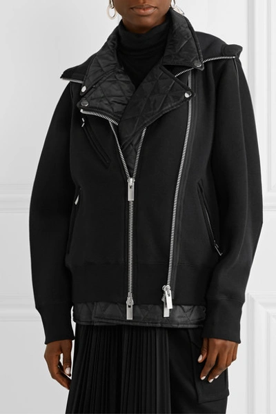 Shop Sacai Hooded Quilted Shell-paneled Cotton-blend Jersey Biker Jacket In Black