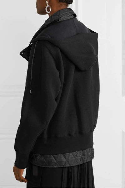 Shop Sacai Hooded Quilted Shell-paneled Cotton-blend Jersey Biker Jacket In Black