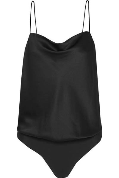 Shop Cami Nyc The Axel Draped Stretch-silk Charmeuse And Stretch-jersey Thong Bodysuit In Black