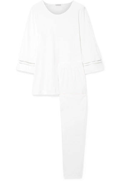 Shop Hanro Ilona Lattice-trimmed Mercerized Cotton-jersey Pajama Set In White