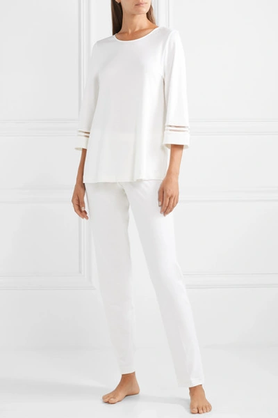 Shop Hanro Ilona Lattice-trimmed Mercerized Cotton-jersey Pajama Set In White