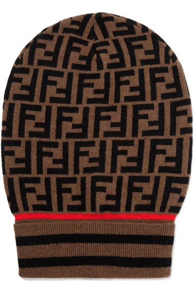 Shop Fendi Intarsia Cashmere And Wool-blend Beanie In Brown