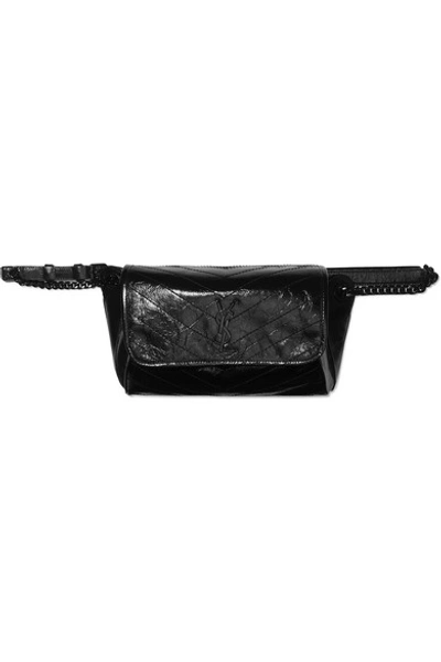 Shop Saint Laurent Niki Medium Quilted Crinkled Glossed-leather Belt Bag In Black