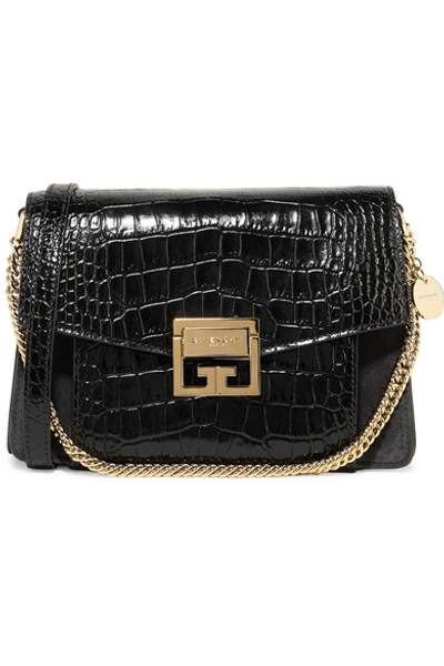 Shop Givenchy Gv3 Small Croc-effect Leather And Suede Shoulder Bag In Black