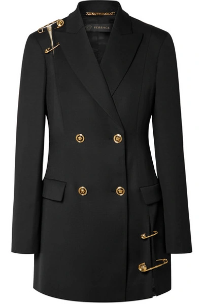 Shop Versace Double-breasted Deconstructed Embellished Tulle-trimmed Wool Blazer In Black