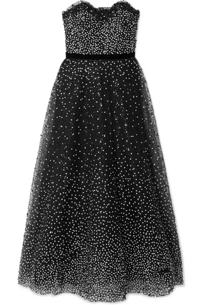 Shop Marchesa Strapless Velvet-trimmed Embellished Tulle Gown In Black