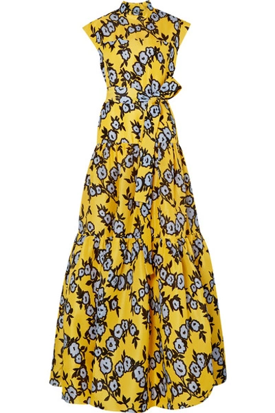 Shop Carolina Herrera Belted Tiered Floral-print Silk-organza Gown In Yellow